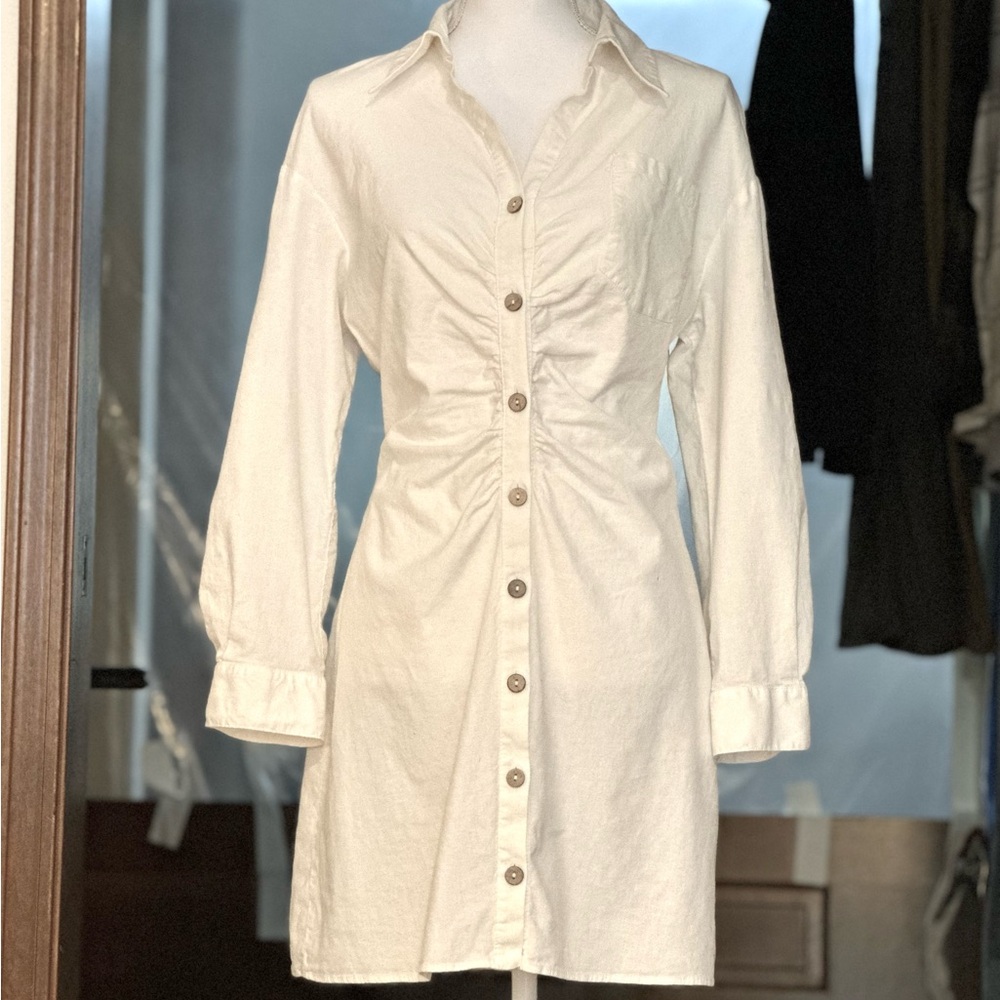 Zara white cotton shirtdress, button & tab sleeve, cute waist gather